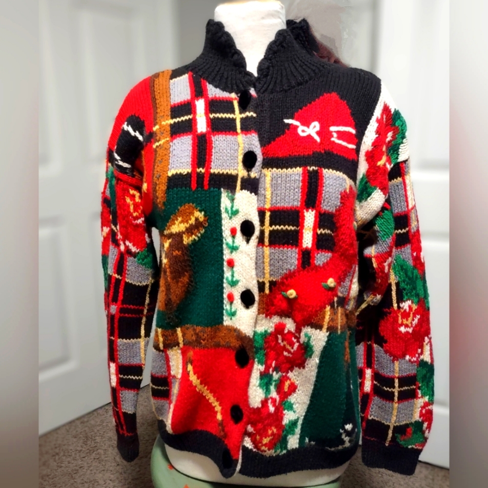 Vintage The Eagle's Eye Women's Patchwork Equestrian Style Cardigan Size Med